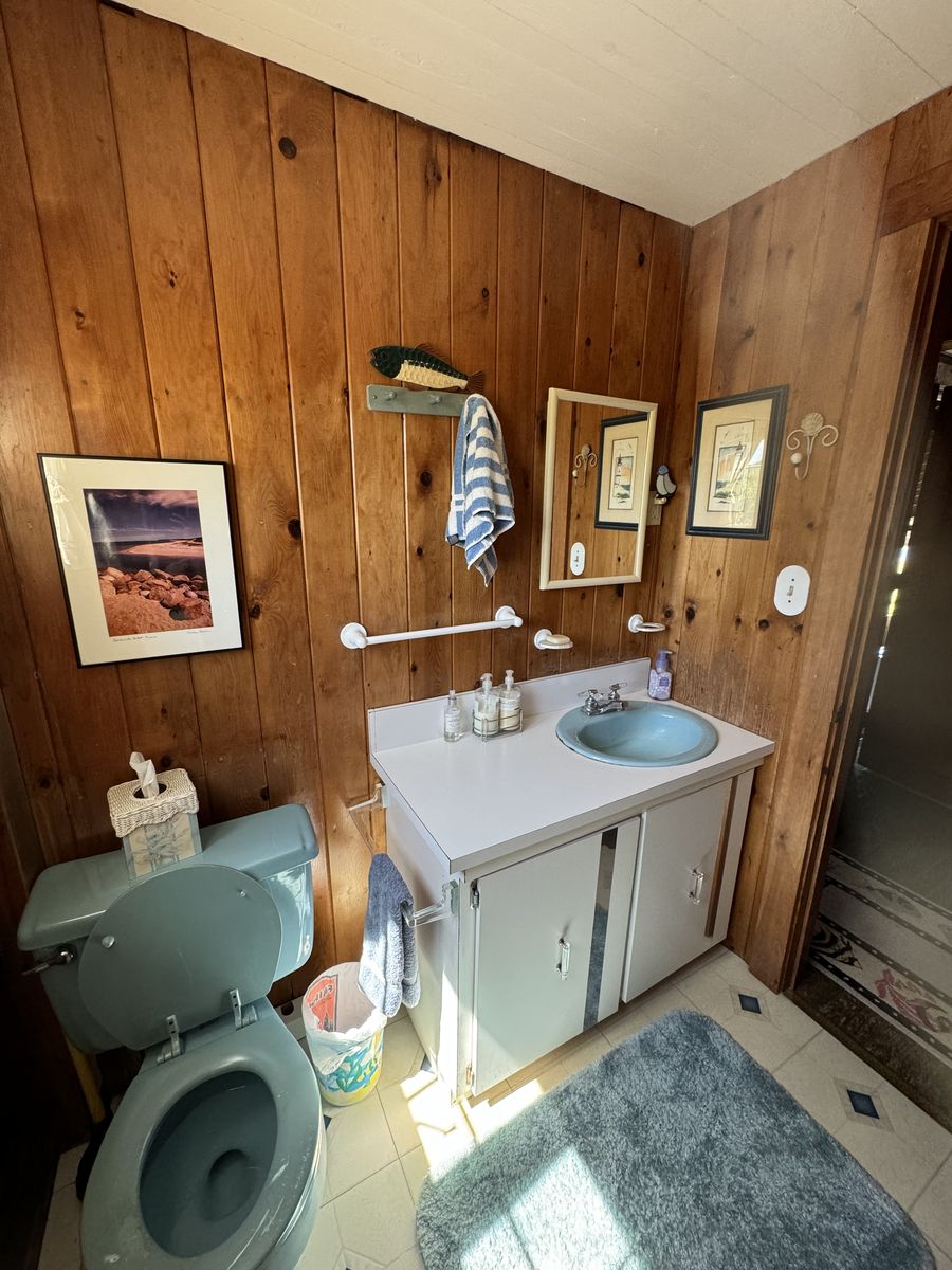 Powder bathroom before renovation — wood paneling and dated fixtures