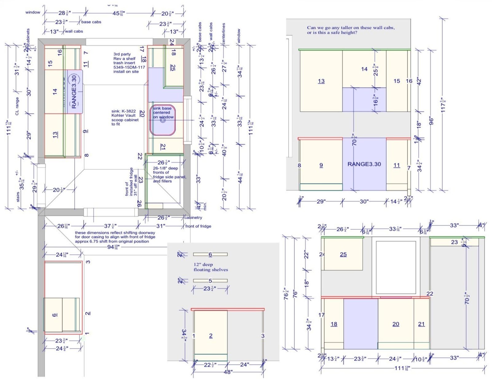 Kitchen plan, elevations and cabinet schedule drawing