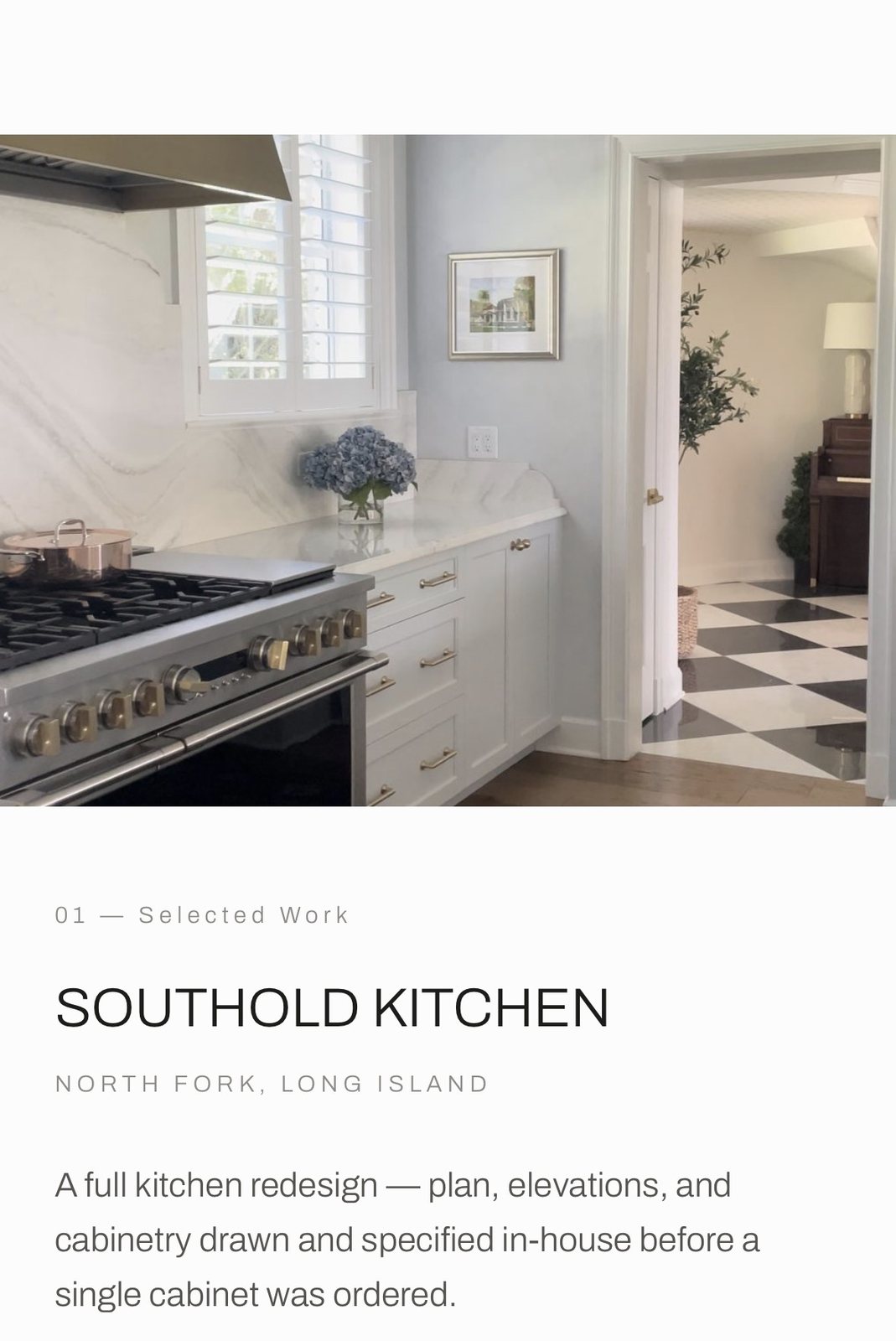 Kitchen with brass range hood, marble backsplash, and a checkered floor beyond